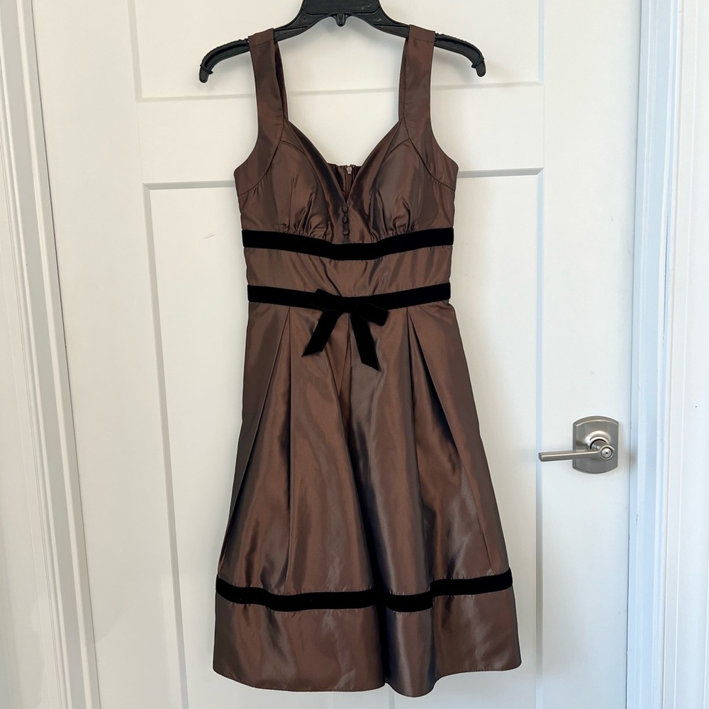 BCBG mocha brown dress with black velvet details